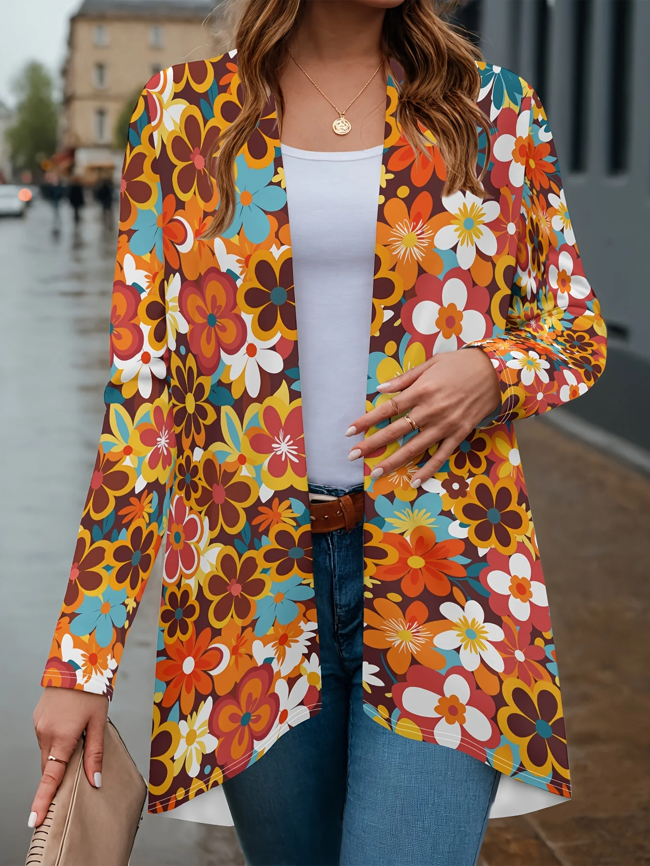 패션 여성 꽃무늬 긴 소매 가디건, 폴리에스터 오픈 프론트, 가벼운 커버업, 봄 가을 캐주얼 코트