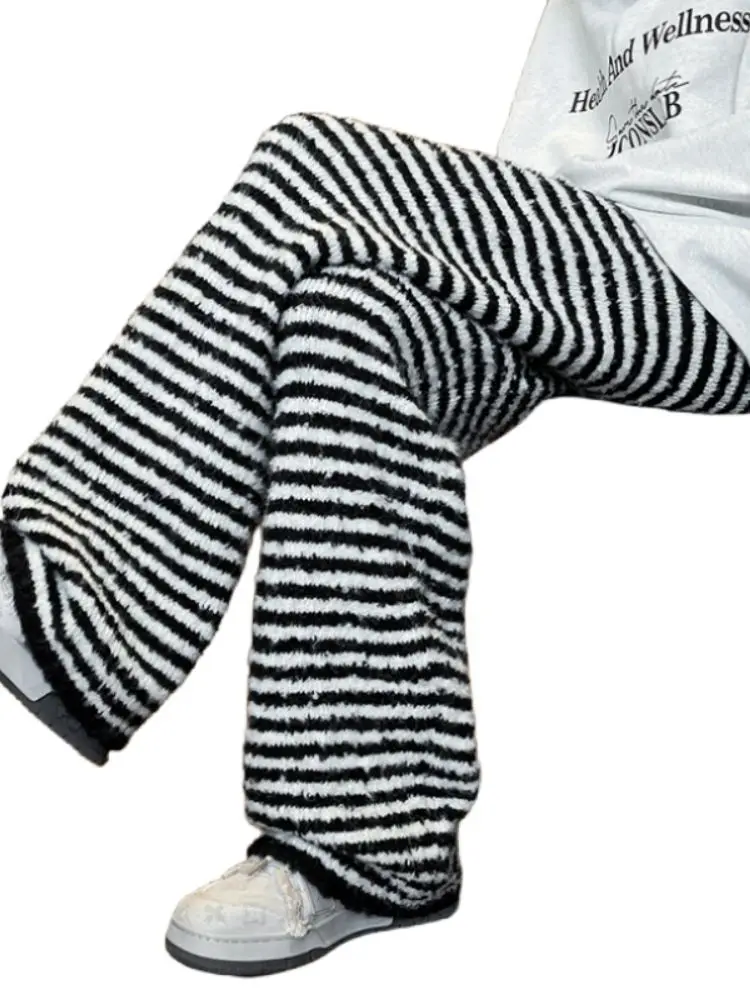 

American Retro Striped Color Blo Knitted Casual Pants Men's Spring Autumn Loose Drapey Wide Leg Pants Cool Sle Trousers