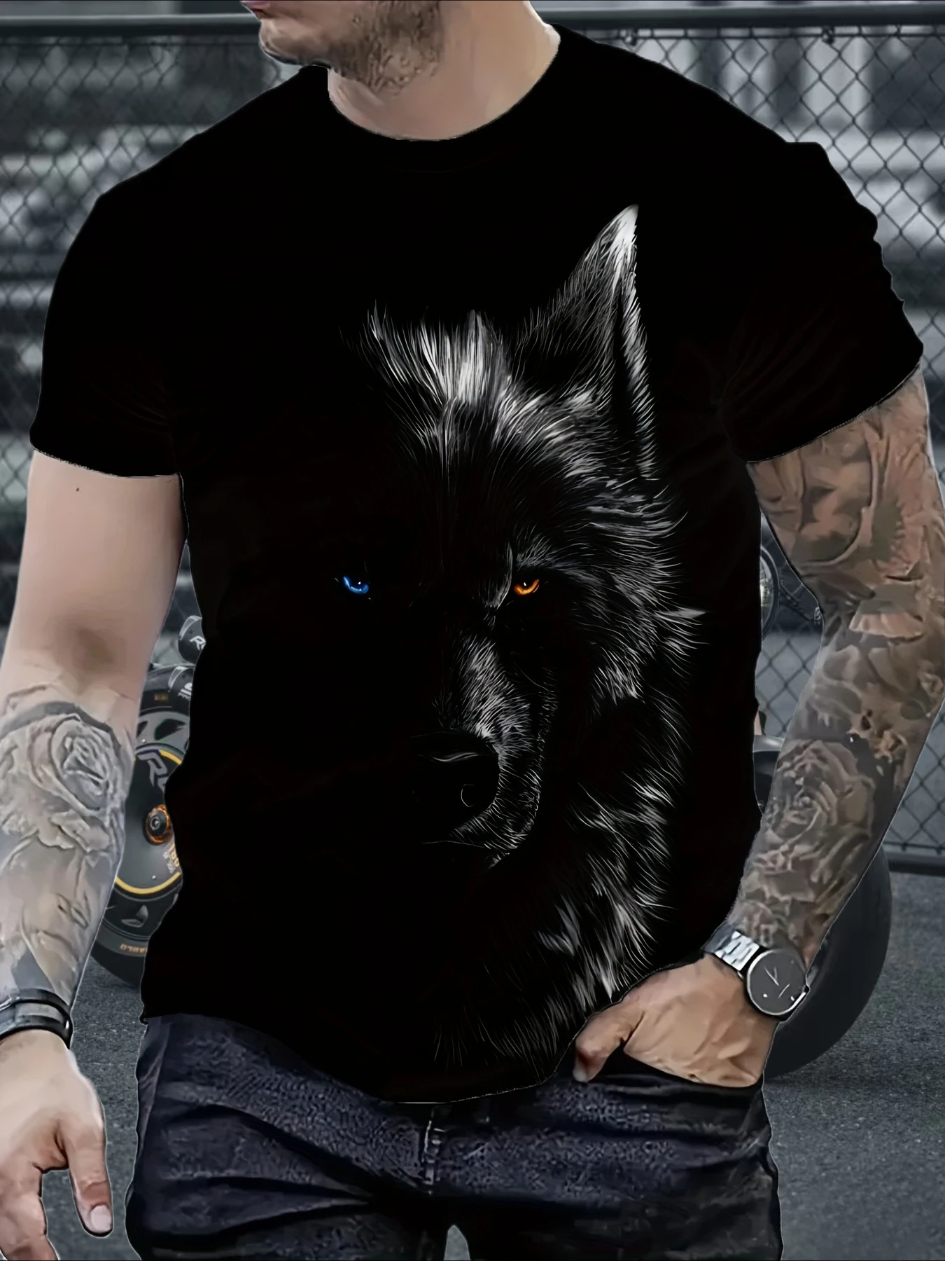 تي شيرت رجالي مطبوع ثلاثي الأبعاد بنمط الذئب والكون لعام 2025 - عيون متوهجة برأس الذئب الأزرق العميق، كاجوال لجميع المواسم بأكمام قصيرة