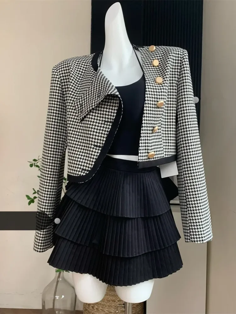 High Quality England Style Two Piece Set Women Houndstooth Short Jacket Coat Crop Top + Pleated Skirt Suits Vintage 2 Piece Sets