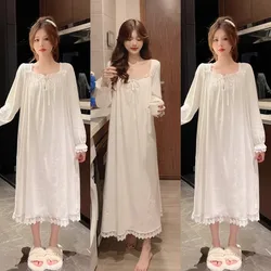 Sweet Princess Style Pajamas Solid Color Fashion Long-Sleeved Soft Home Wear Women's Retro Leisure Dress Lace Ruffled Nightgowns