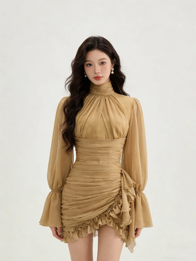 

Elegant Lantern Sleeve Shirt Dress Women's Unique Design Slimming Asymmetrical Ladylike Style Polyester Fiber Regular Fit