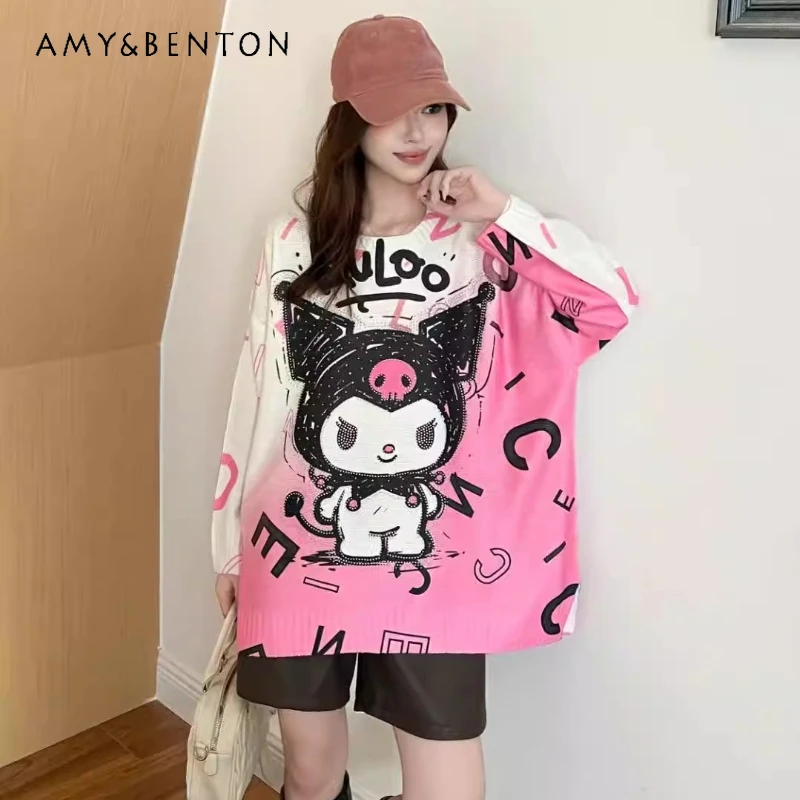 

Kawaii Clothes Rhinestone Autumn Winter Loose Printed O-Neck Long Sleeves Pullover Sweater Ladies Sweet Knitted Top Outerwear