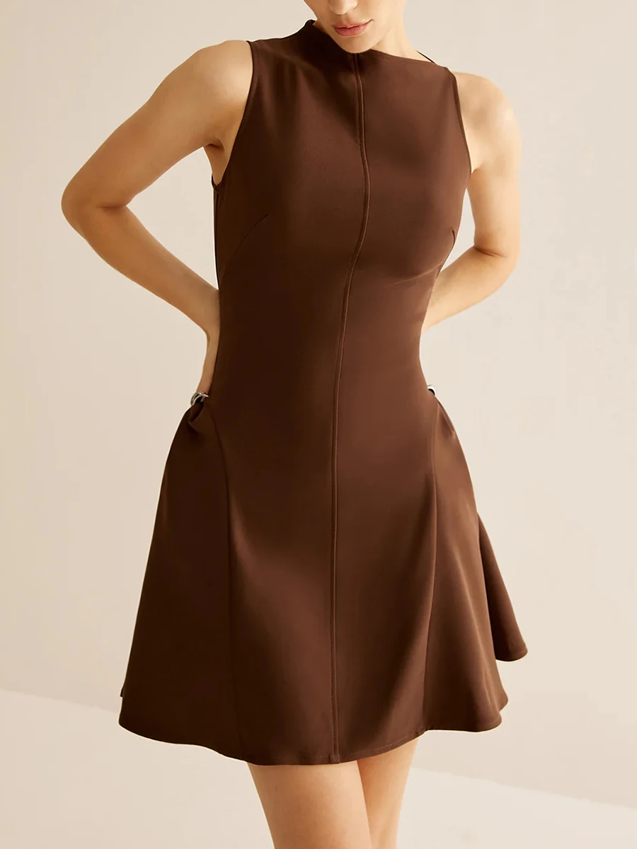 TWOTWINSTYLE Solid Slimming A Line Dress For Women Round Neck Sleeveless High Waist Minimalist Temperament Dresses Female New