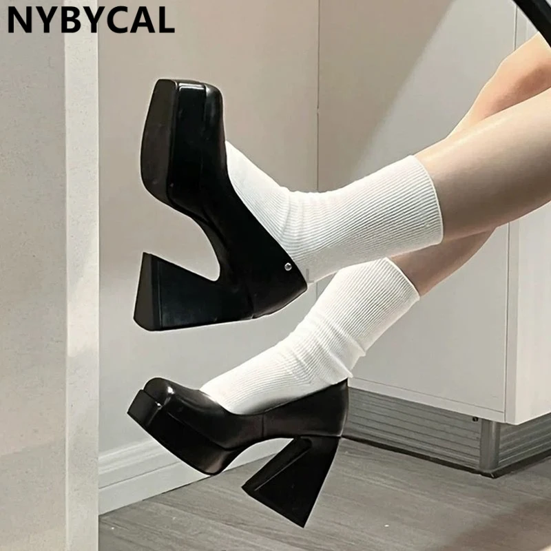 Punk Style Pumps Woman Square Toe Platform High Heel Slip On Spring Autumn Fashion Shoes Sexy Ladies Thick Heel Pumps Size 34-39