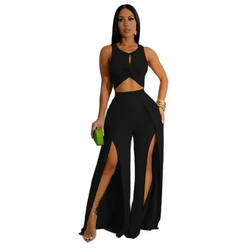 

Women Fashion Hollow Out Crossover Splice Short Tops 2 Piece Sets Split Trouser Legs Wide Leg Pants Female Commuter Casual Suits