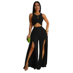 Women Fashion Hollow Out Crossover Splice Short Tops 2 Piece Sets Split Trouser Legs Wide Leg Pants Female Commuter Casual Suits