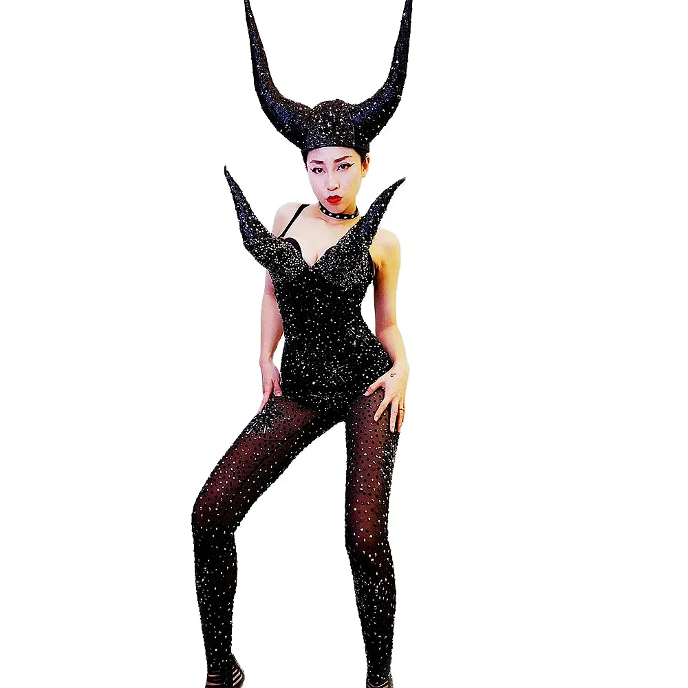 Horns Decoration Women Shining Diamonds Jumpsuits Elastic Black Mesh Perspective Bodysuits Nightclub Bar Prom Party Costume