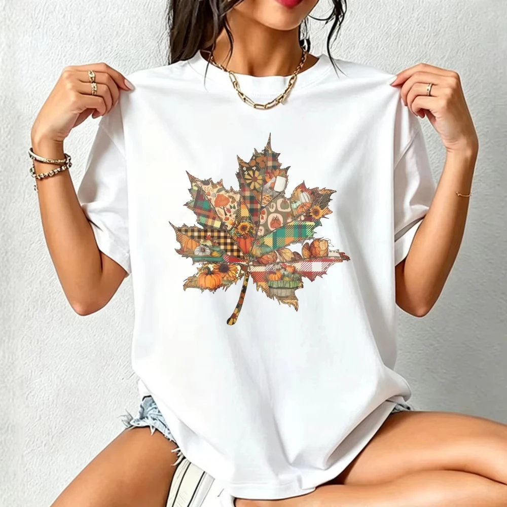 Patchwork Maple Leaf Unisex Tee Casual Cotton T‑shirt Boho Streetwear Shirt Plaid Sunflower Harvest Collage Autumn Leaves Tees