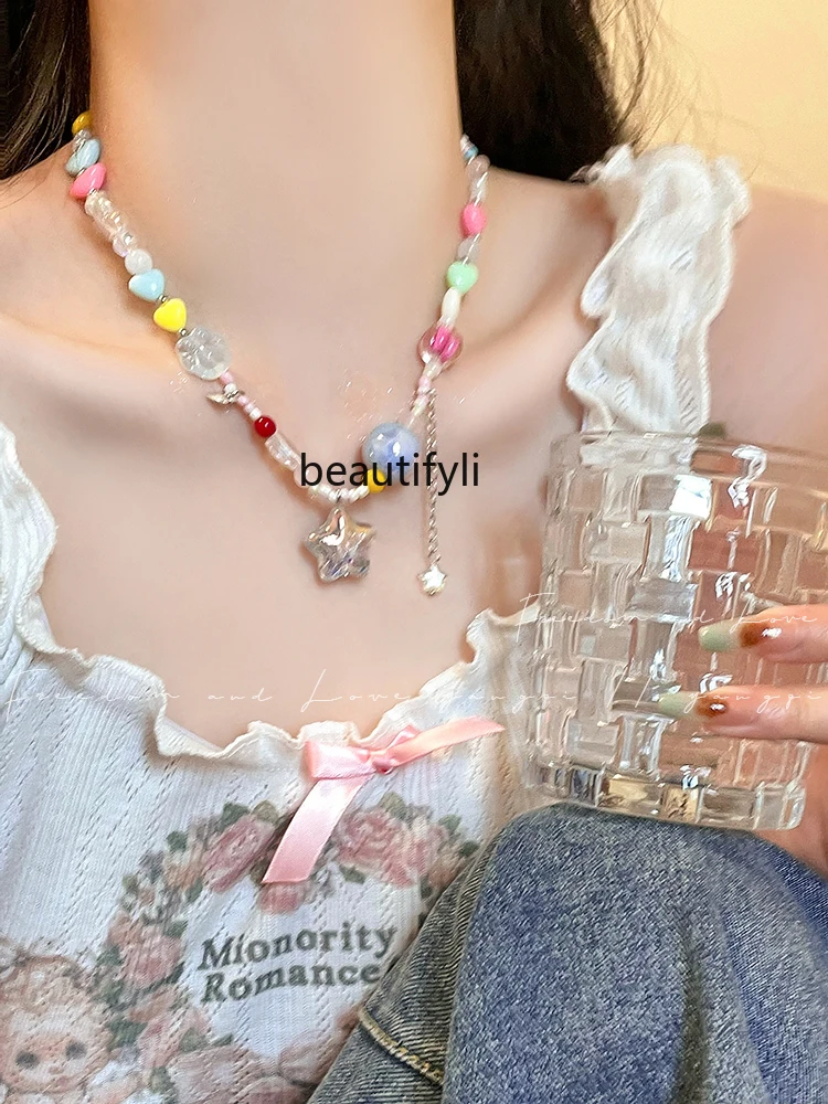 Summer Dopamine Color String Beads Pendant Necklace Light Luxury Minority Clavicle Chain Neck Chain Accessories for Women