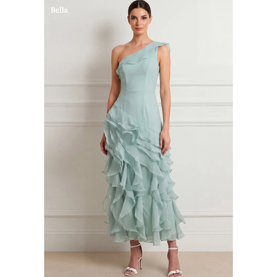 Bella Customized Mint Green One Shoulder Ruffled Chiffon Prom Dress Elegant Midi Party Dresses Formal Evening robes de soirée