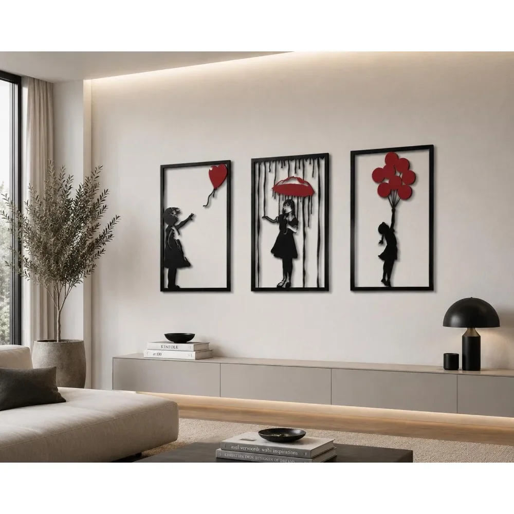 Street Art Metal Wall Art Set with Red Accents,Modern Living Room Decor,Urban Aesthetic Indoor Wall Ornament