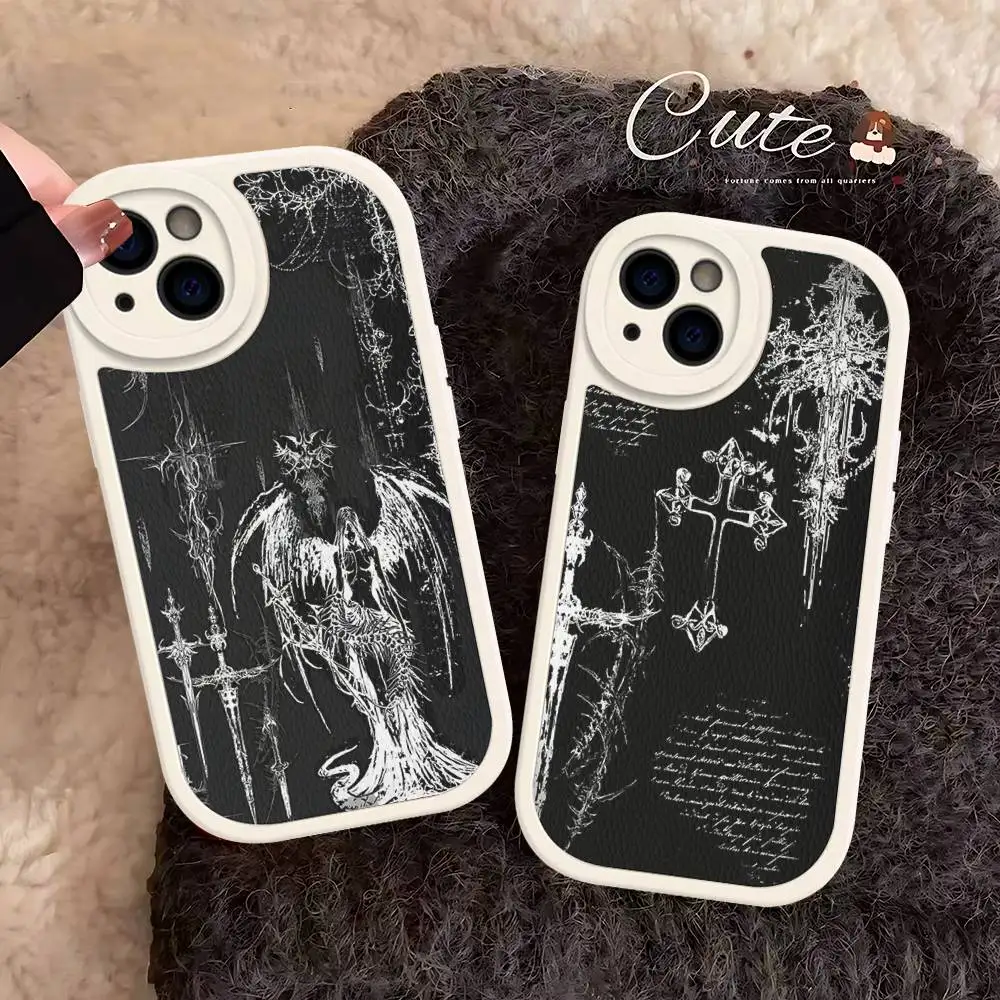 

Gothic Cyber Sigil Cross Soft Leather Phone Case For iphone 13 15 Pro Max 12 Mini 11 14 16 Plus Covers