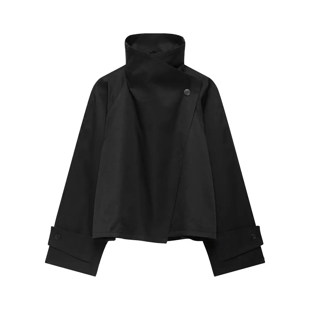 BSAY 2026 New Women Stand Collar Asymmetrical Button Cropped Trench Jacket Loose Solid Color Elegant Commuter Autumn Outerwear