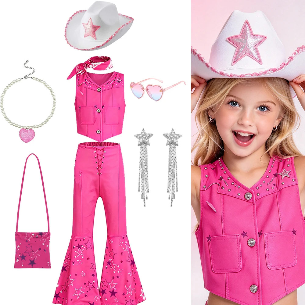Girls Western Cowgirl Costume Set 2-12Y with Cowboy Hat Vest Flared Pants Scarf Bag Necklace Earrings Halloween Party Dress Up