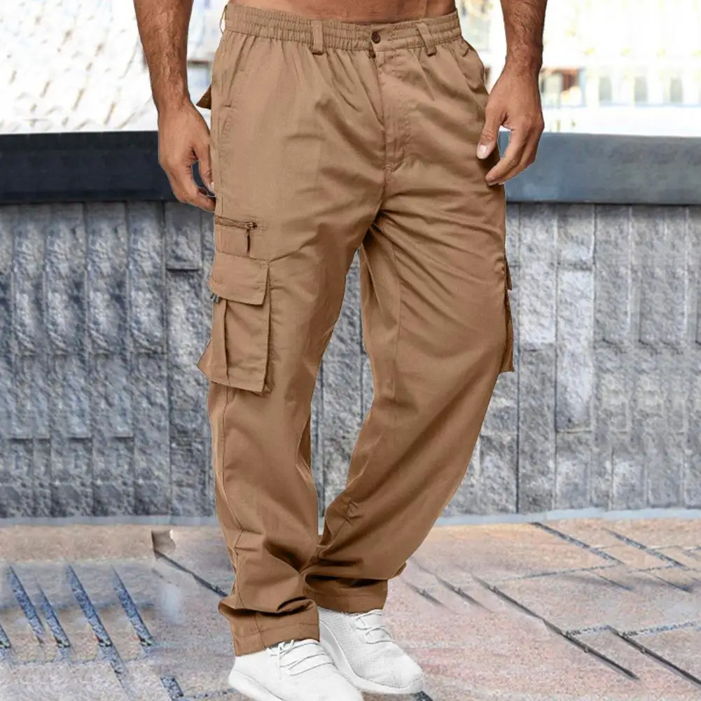 Reinforced Pocket Pants Men's Elastic Waist Cargo Pants with Multi Pockets Straight Leg Sweatpants Stretchy Slacks for Street