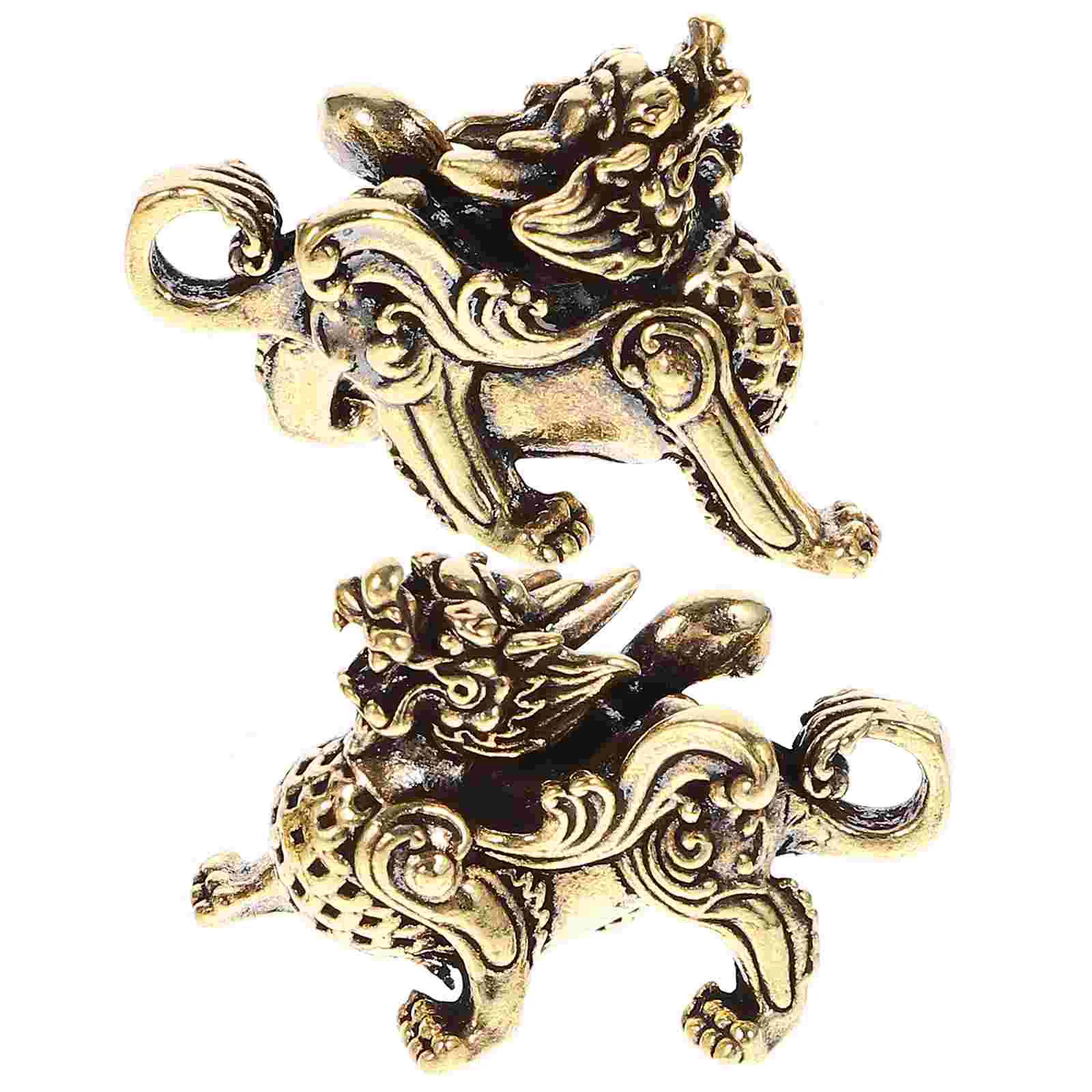 2 Pcs Decorate Unicorn Ornament Office Locket Lucky Key Brass Auspicious Ornaments