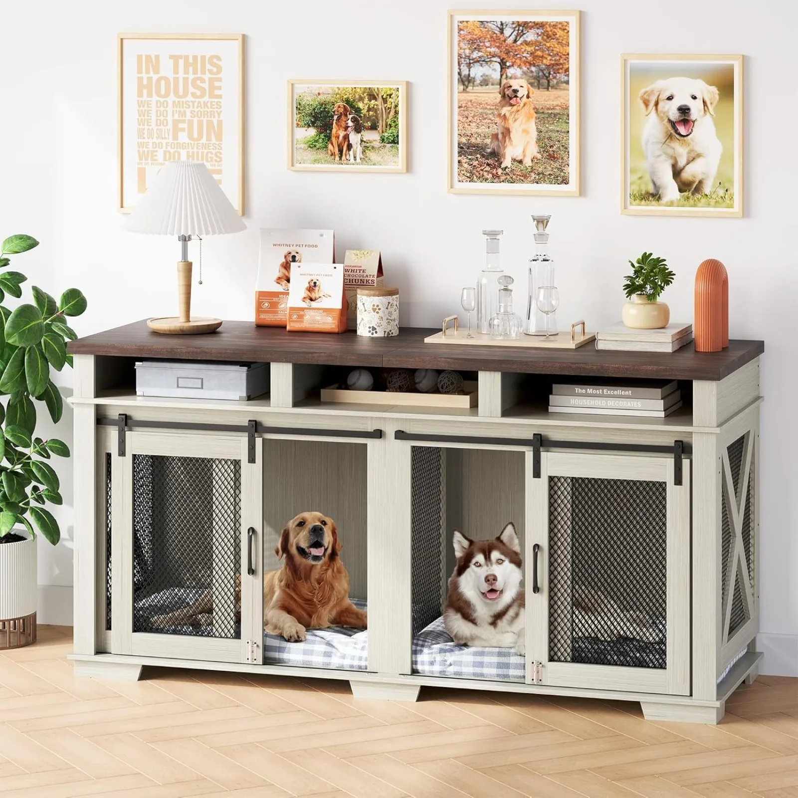 

US 71" Extra Large Dog Crate Furniture, Wooden Double Dog Crates Kennel Cage