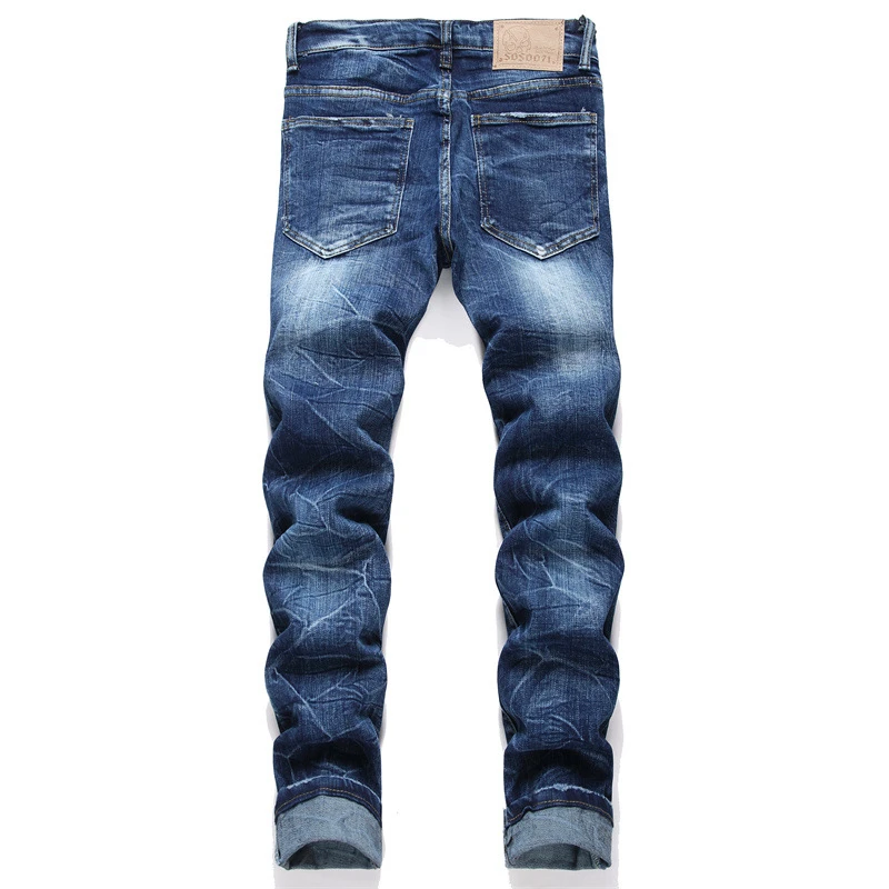 New Casual Fashion Men's Slim Jeans 2024 Embroidered Ripped Beggar Pants Motorcycle Hip Hop Stickers Street Trend Clothing