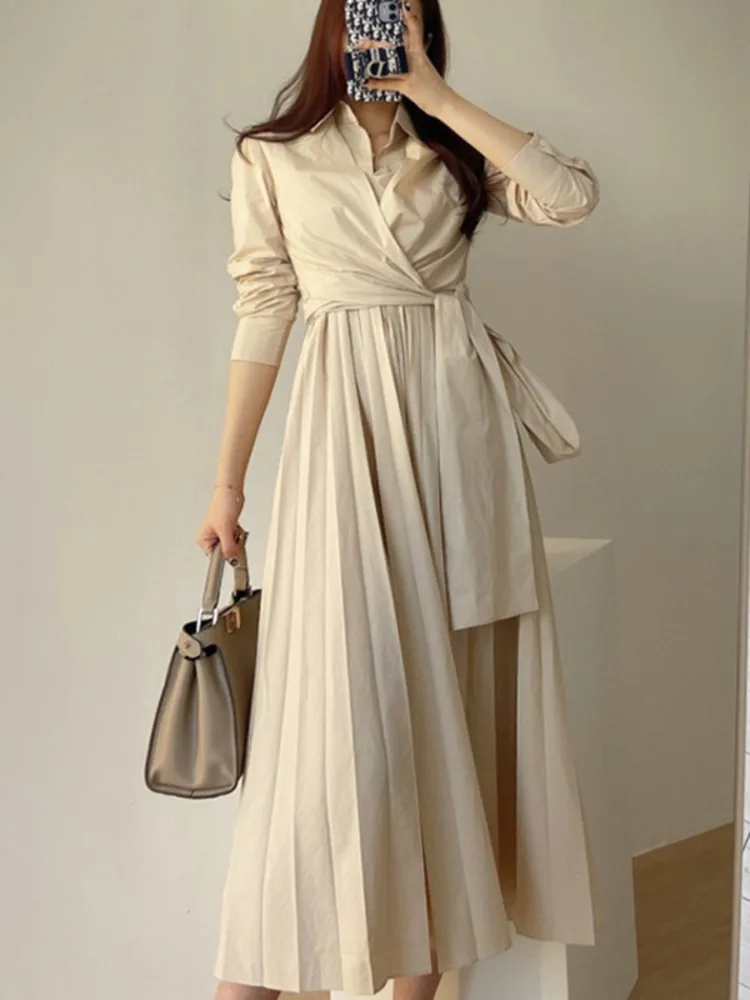 [EWQ] Women Khaki Simplicity Cross Straps To Close The Waist Dress New Lapel Long Sleeve Fashion Tide Autumn Autumn 2024 2F0361