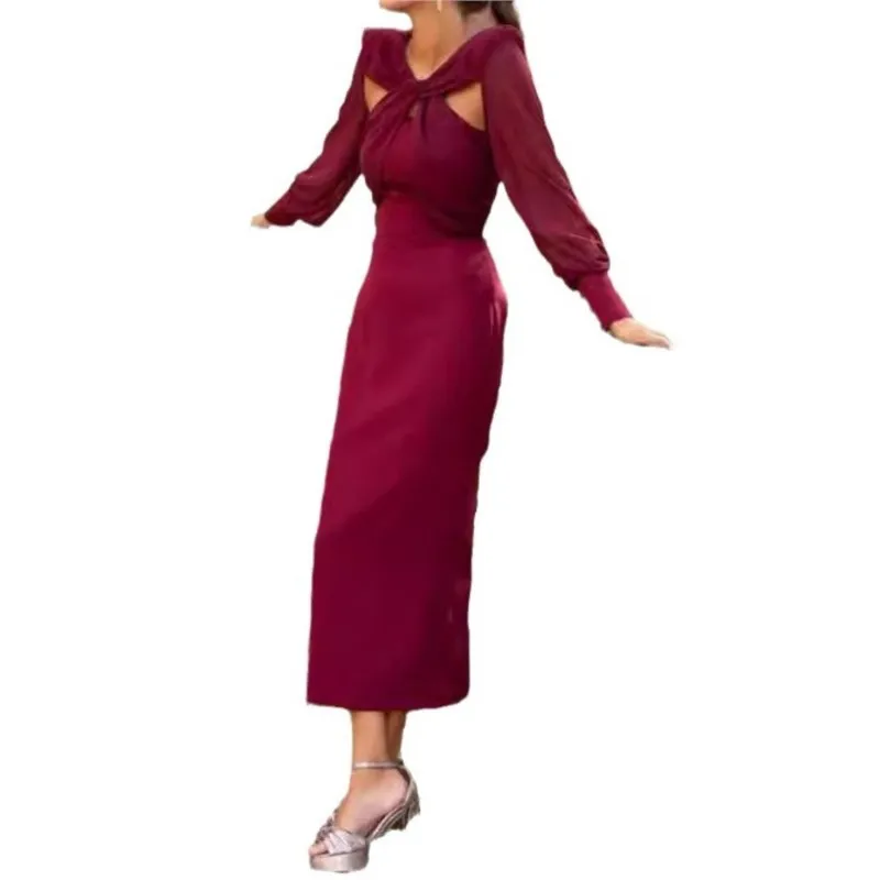 Moda damska Solid Spliced Hollow Sexy Backless Long Sleeve Midi Dress Spring Autumn Elegant Party Pencil Long Dresses Robe