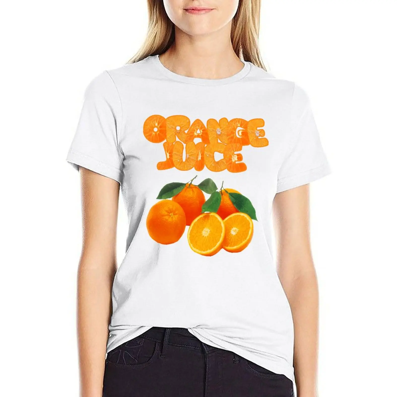 

Orange Juice Fruity Fun Design T-shirt Female clothing tops summer tops white t-shirts for Women