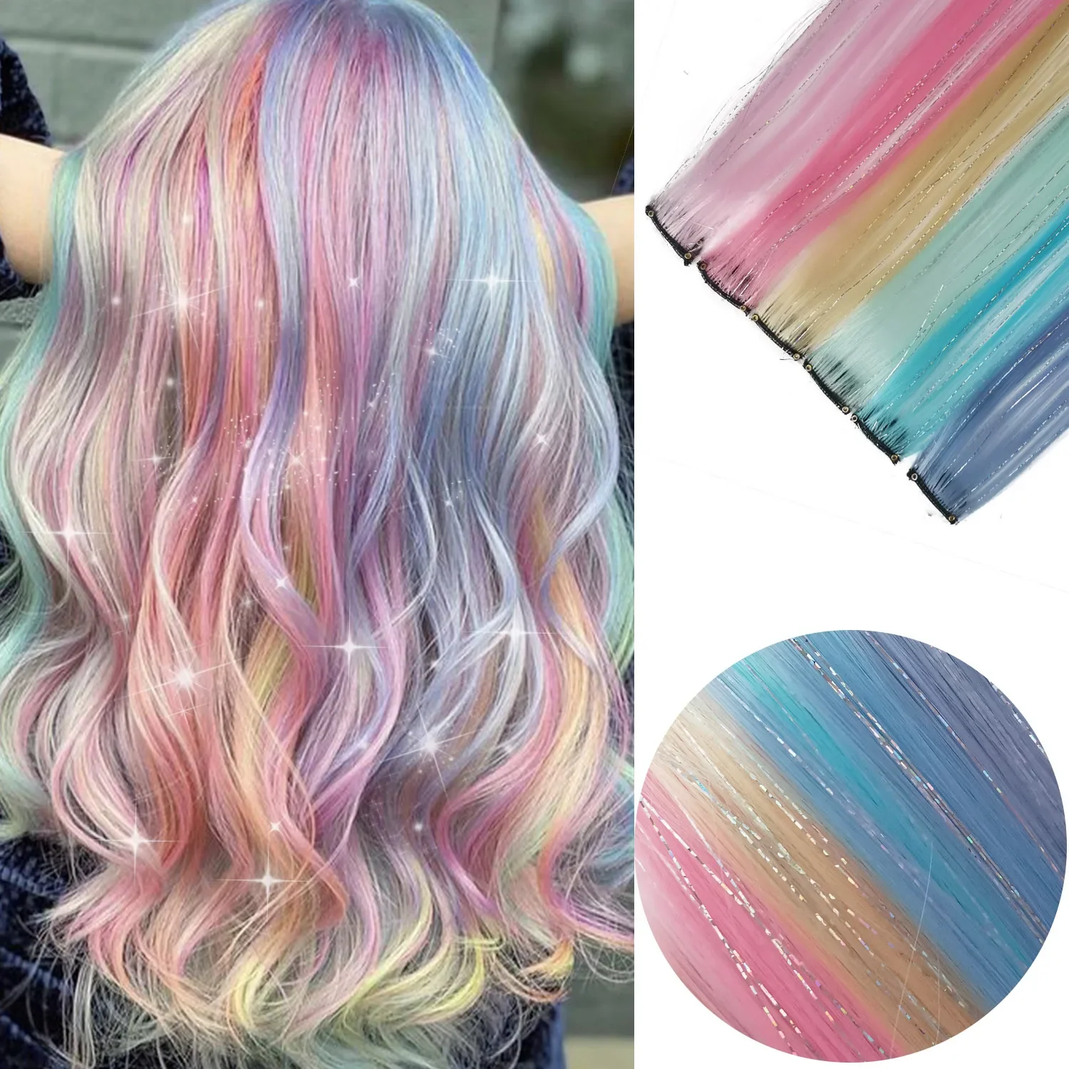 

Multicolor Clip in Hair Extensions Mix tinsels Colored Hair Extensions,2 in 1 Rainbow Hair with Silver Tinsels for Kids Girls