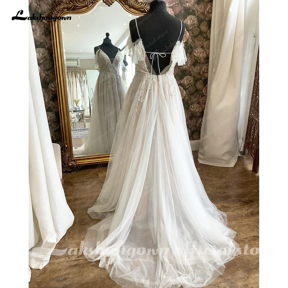 Lakshmigown Champagne Boho Wedding Dress for Women 2025 Bruidsjurk Dames Backless Lace Beach Bridal Gown Beads Lace Appliques