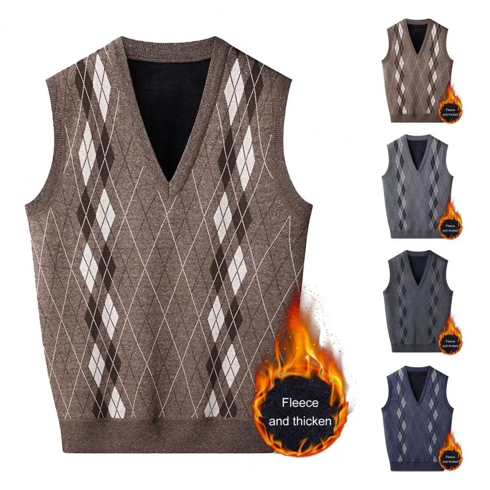 Winter Vest Sweater Men's V-neck Knitting Vest with Plush Lining Rhombus Line Patterns Sleeveless Winter Waistcoat for Warmth