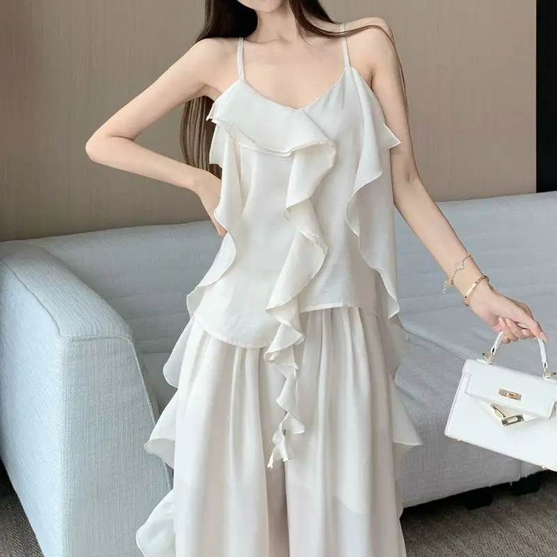 Fashion Ruffle Edge Sling Vest for Women's Summer Wear with A Complete Set of Wide-leg Pants Casual Two-piece Set 2026 New