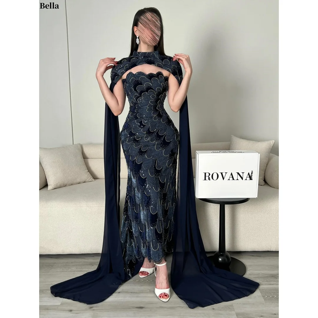 Bella Customized Navy Blue Prom Dresses Velvet Elegant Strapless Mermaid vestidos de noche Beaded Cape Scarf Formal Evening 2026