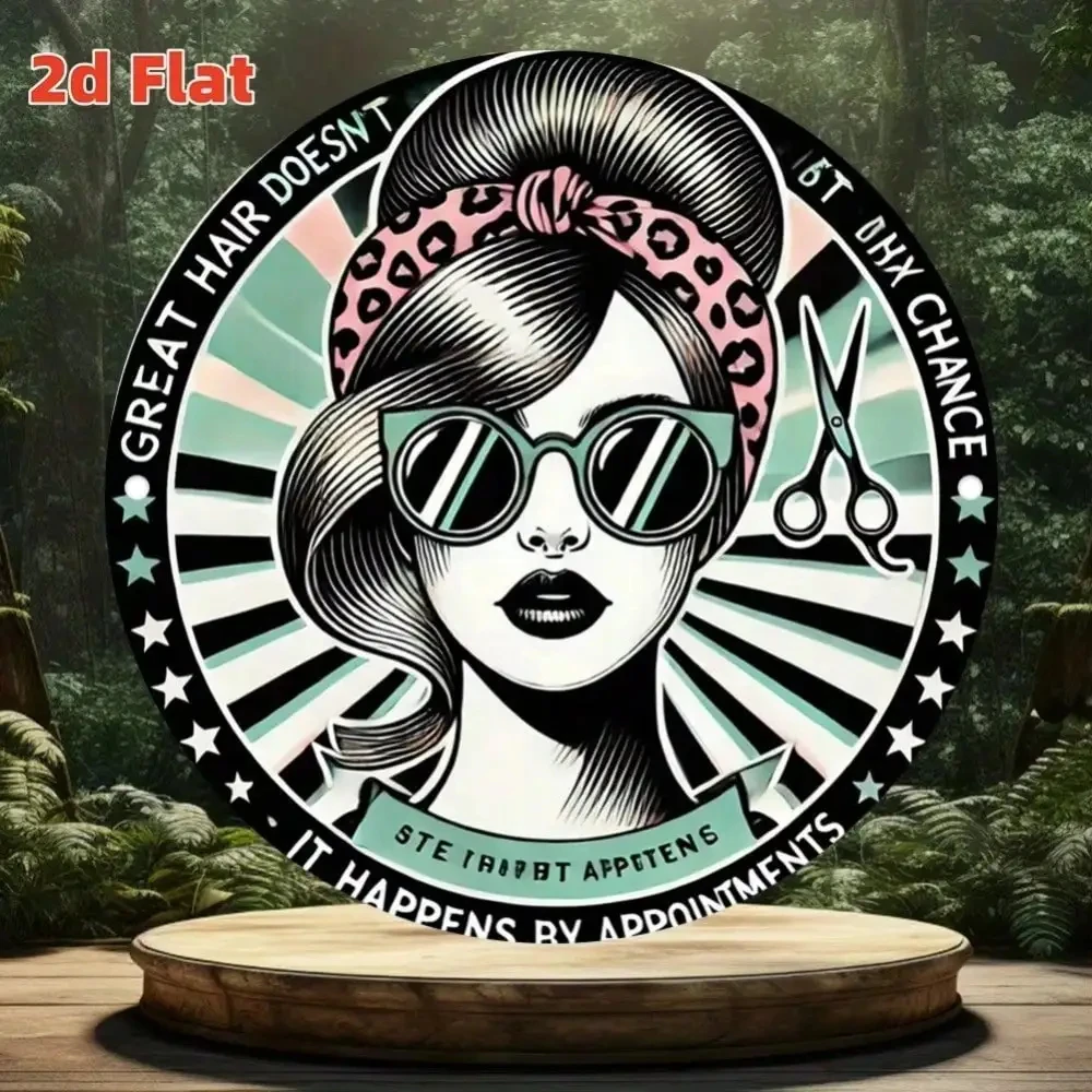 2D Flat High-Definition Metal Wall Art Vintage Pop Art Woman Wearing Sunglasses with Hairdressing Scissors Metal Sign Vintage Barber Shop