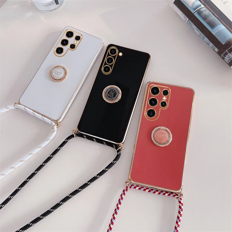 For Samsung Galaxy S24 Plus Ultra S23 FE S22 S21 S20 5g Luxury Plating Ring Holder Crossbody Lanyard Case S 24 S24ultra S24plus