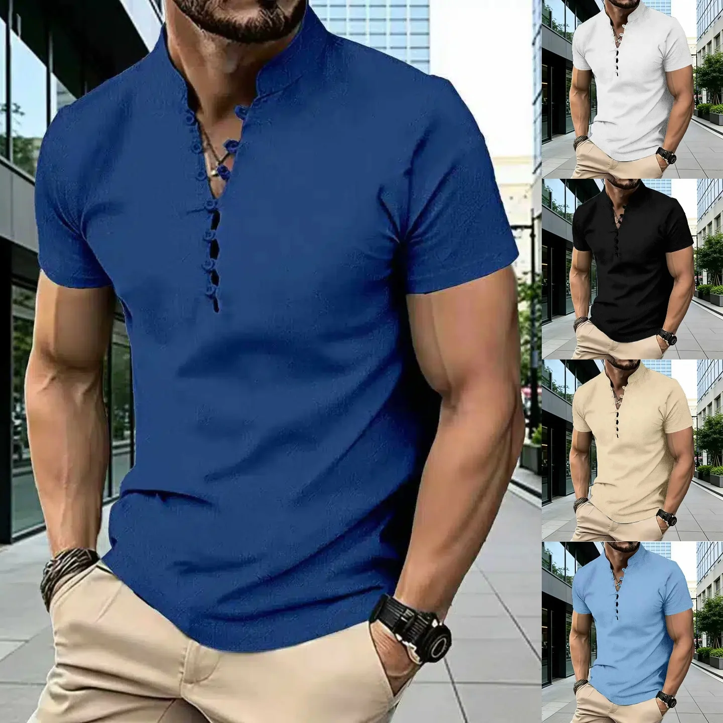 Summer men's new cotton and linen pure color casual and simple style, breathable, easy to dry, sweat-absorbing short sleeves