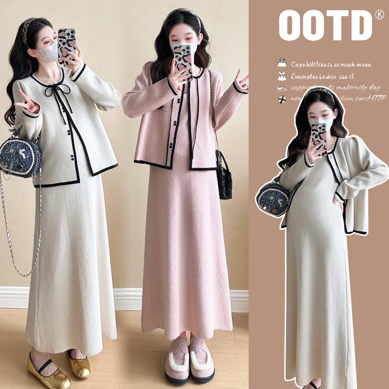 

Шикарная одежда для беременных, осенний сезон, кашемировое пальто с открытой передней частью и атласное платье-бретелька, изысканный координационный ансамбль