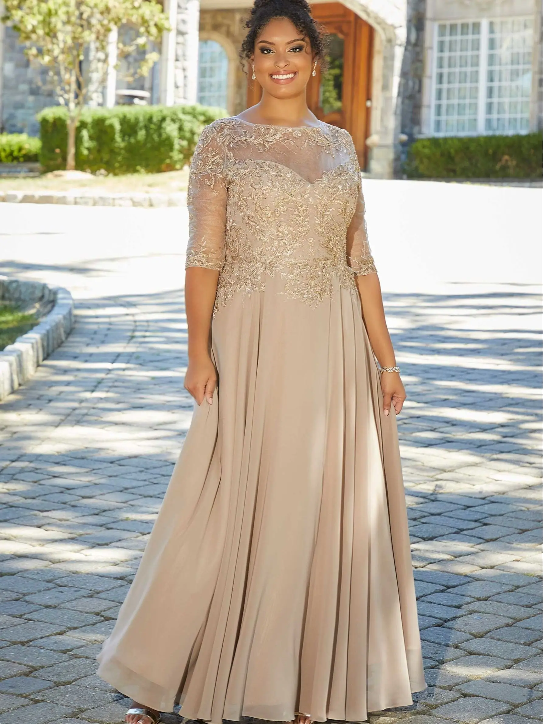 Madre della sposa sera 3/4 manica con pizzo Applique Chiffon a-line abiti da donna compleanno occasioni formali abiti eleganti