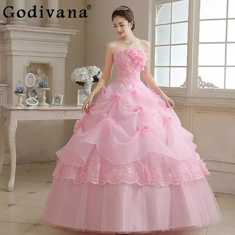 

New Pink Princess Elegant Large Size Summer Floor-length Wedding Dress Temperament Strapless High Waist A-line Party Dresses