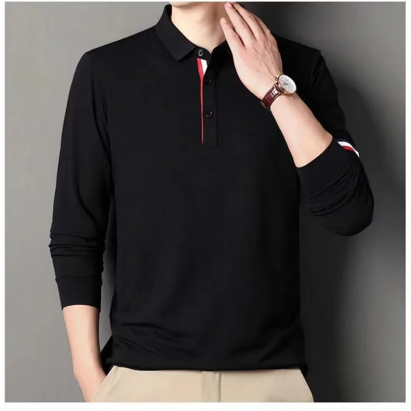 

Turn-down Collar Long Sleeve Striped Button Pullover Contrast Color Undershirt T-shirt Formal Fashion Casual Men's Clothing Tops