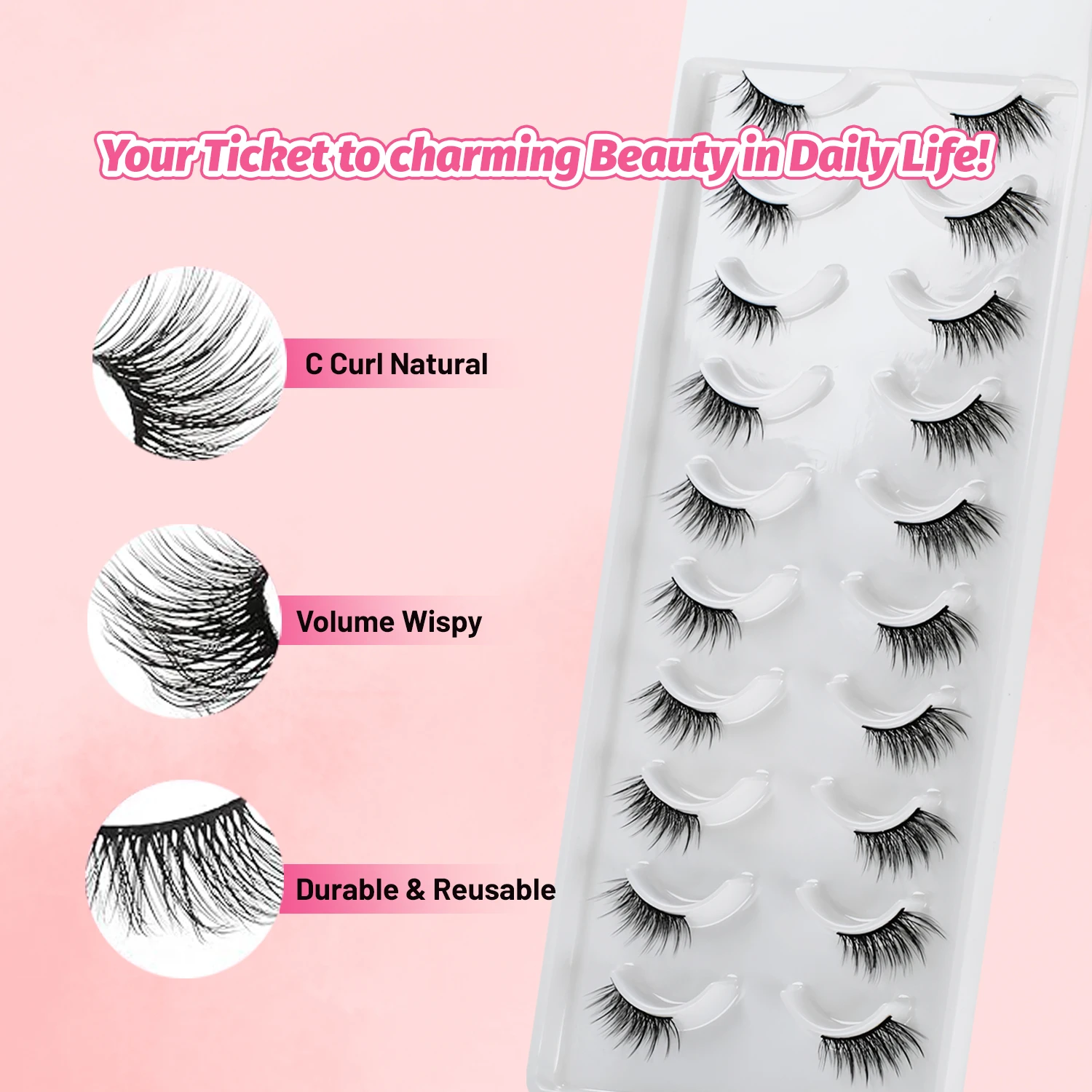 ขนตาครึ่ง,ลักษณะธรรมชาติ,ขนตาปลอม Wispy ขนตาแมว 3D Curly นุ่ม 18 มม.Fluffy Mink Eyelashes 10 คู่
