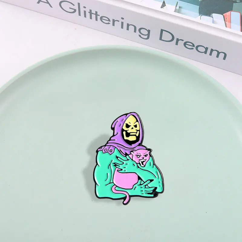 Enamel Pin Skeleton and Cat Badge Brooch Custom Lapel pin for Shirt Hat Bag Gothic Jewelry Gift for friend Skeletor purple hood