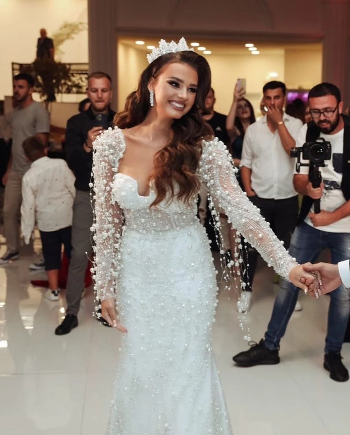 Pearls Beading Mermaid Wedding Dress O Neck Long Sleeve Side Split Vestido Casamento Bridal Gowns with Detachable Train