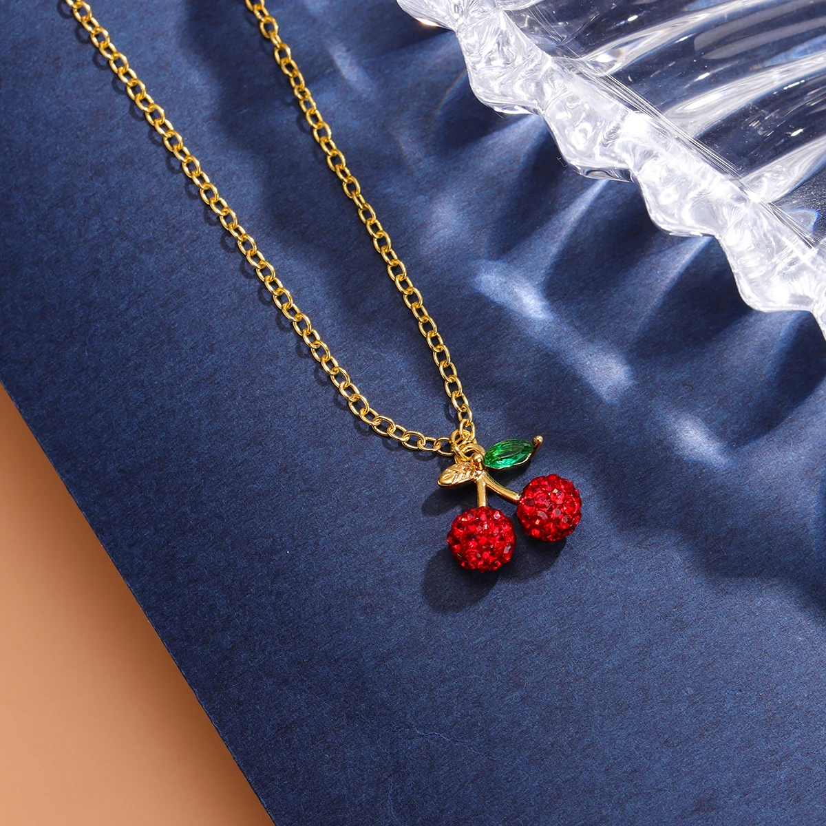 Full Crystal Red Cherry 925 Sterling Silver Fruit Clavicle Chain Pendant Necklaces