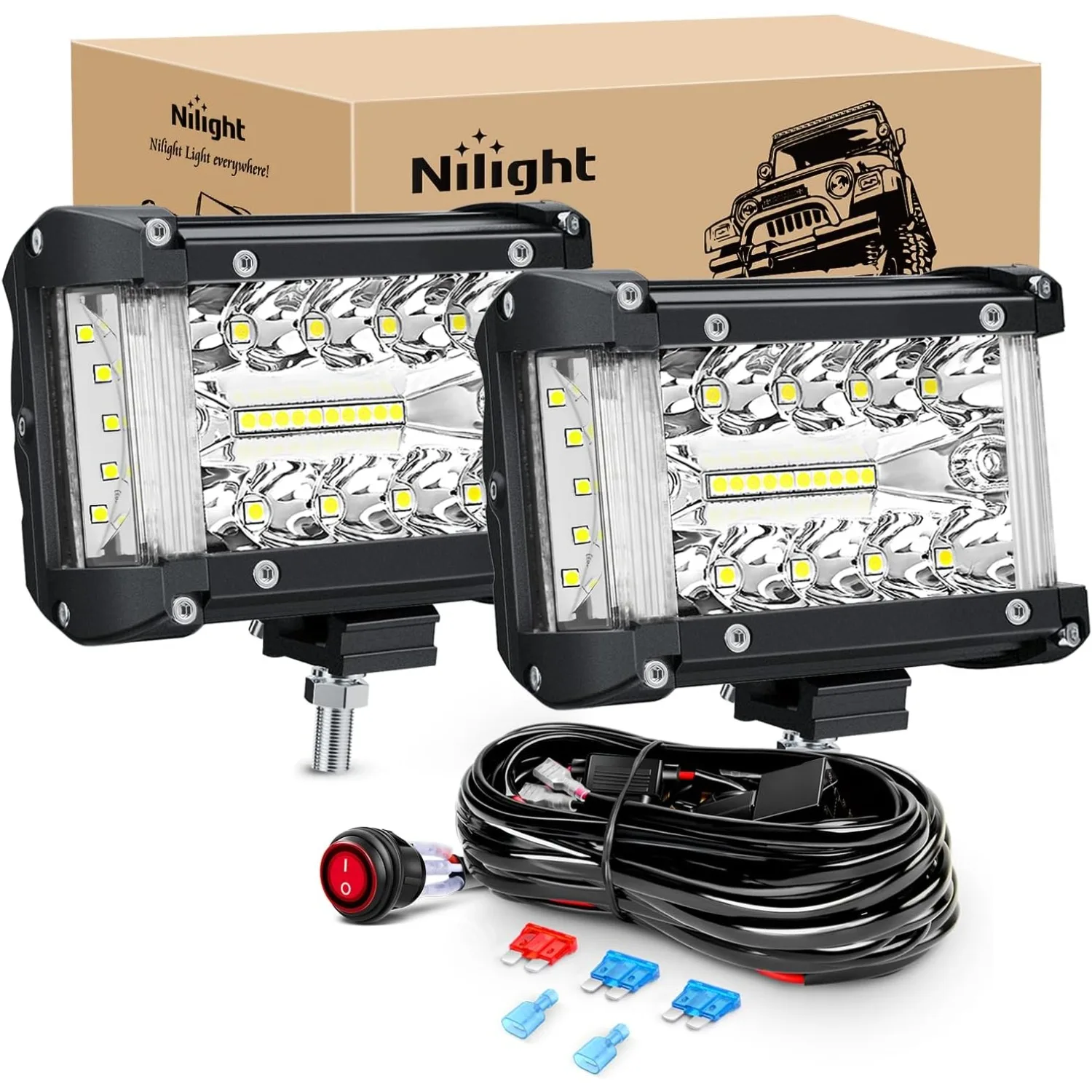 Nilight LED Light Bar 4.3' Side Shooter Triple Row Spot Flood Combo with Wiring Harness Kit for Off Road Driving Fog Work Lamp