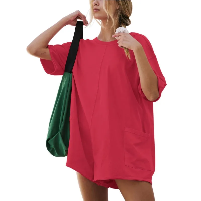 Mono corto a la moda para mujer, ropa deportiva con diseño de bolsillo, ropa de manga corta para mujer, pelele informal holgado con espalda descubierta para verano