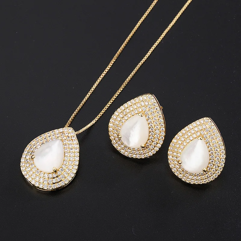 European and American popular fashion micro-inlaid white shell earrings and pendant set accessories, water drop white shell earr