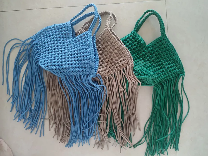 Designer woven fringed tote bag Women New Casual Ethnic Style Braided crochet net bag summer beach bucket purse