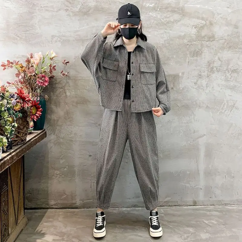 Autumn Rendy Fashion Tooling Jacket Sets Women Loose Bat Sleeve Pocket Jacket Casual Wide-legged Feet Pants Stripe Two Piece Set