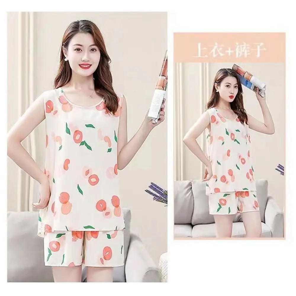 Fashion Cute Woman's Pajamas Set Floral Printed Lattice Sleeveless Pajamas Loose Homewear Floral Sleepwear Girls