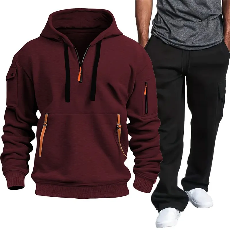 

Men's Winter 2025 e Multiket Zipper Hoodie Set Casual Long Sve Polyester Fiber Summer Outdoor Sportswear Suit