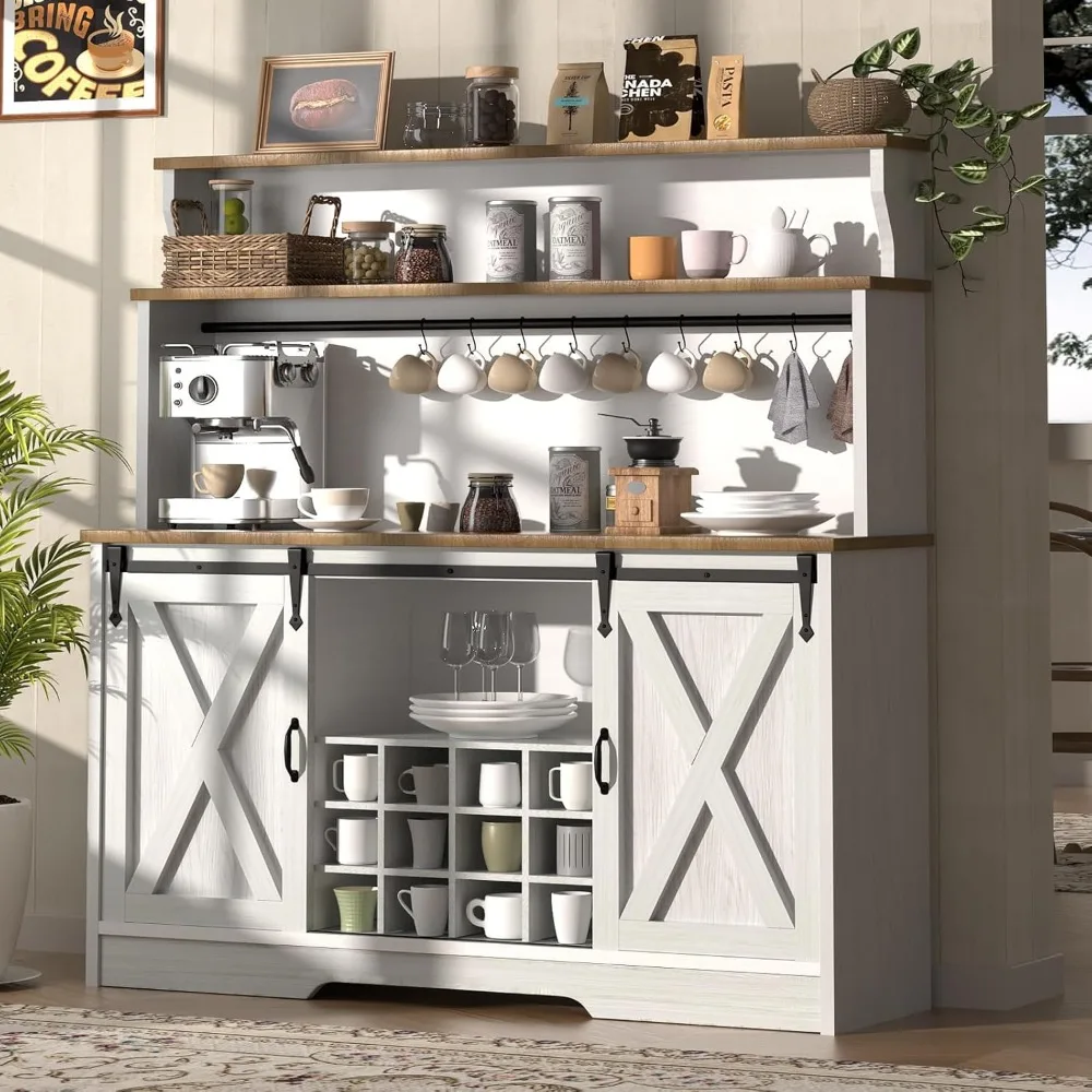 55'' Farmhouse Coffee Bar Cabinet with 3 Tier Storage Hutch, Coffee Bar Station with Sliding Barn Door, Hutch Storage Cabinet wi